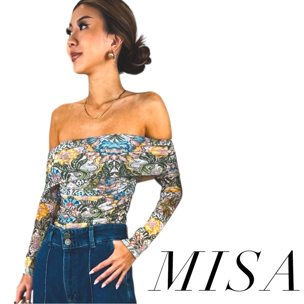 NWT MISA Los Angeles Orella Off-Shoulder Bodysuit pastel colors Kaleidoscope XXS